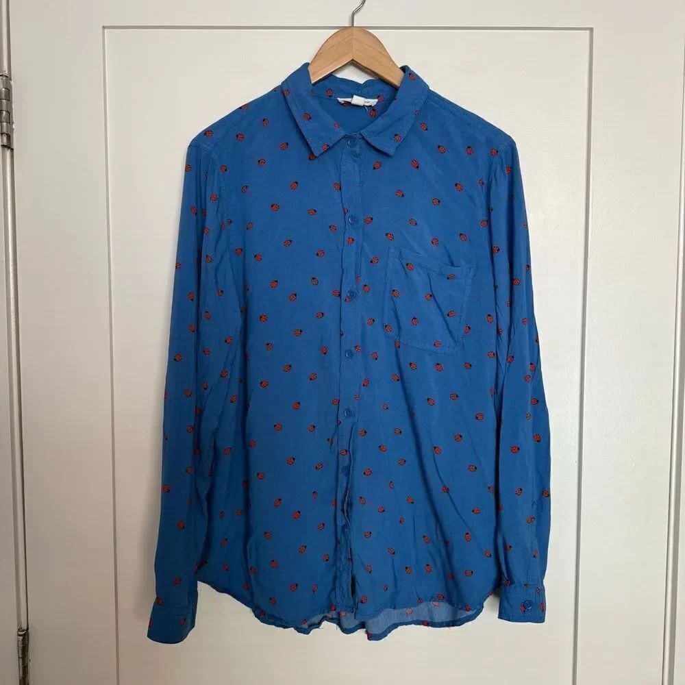 Beach Lunch Lounge Blouse Womens Sz XL Blue Ladybug Print Button Up Long Sleeve